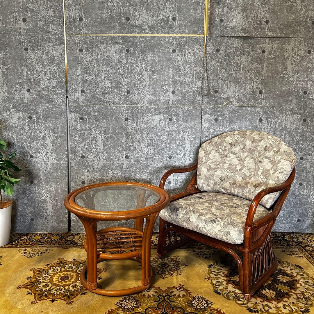 ꧁籐素材꧂クッション付ラタンアームソファ&ガラステーブルセット高座椅子 チェア