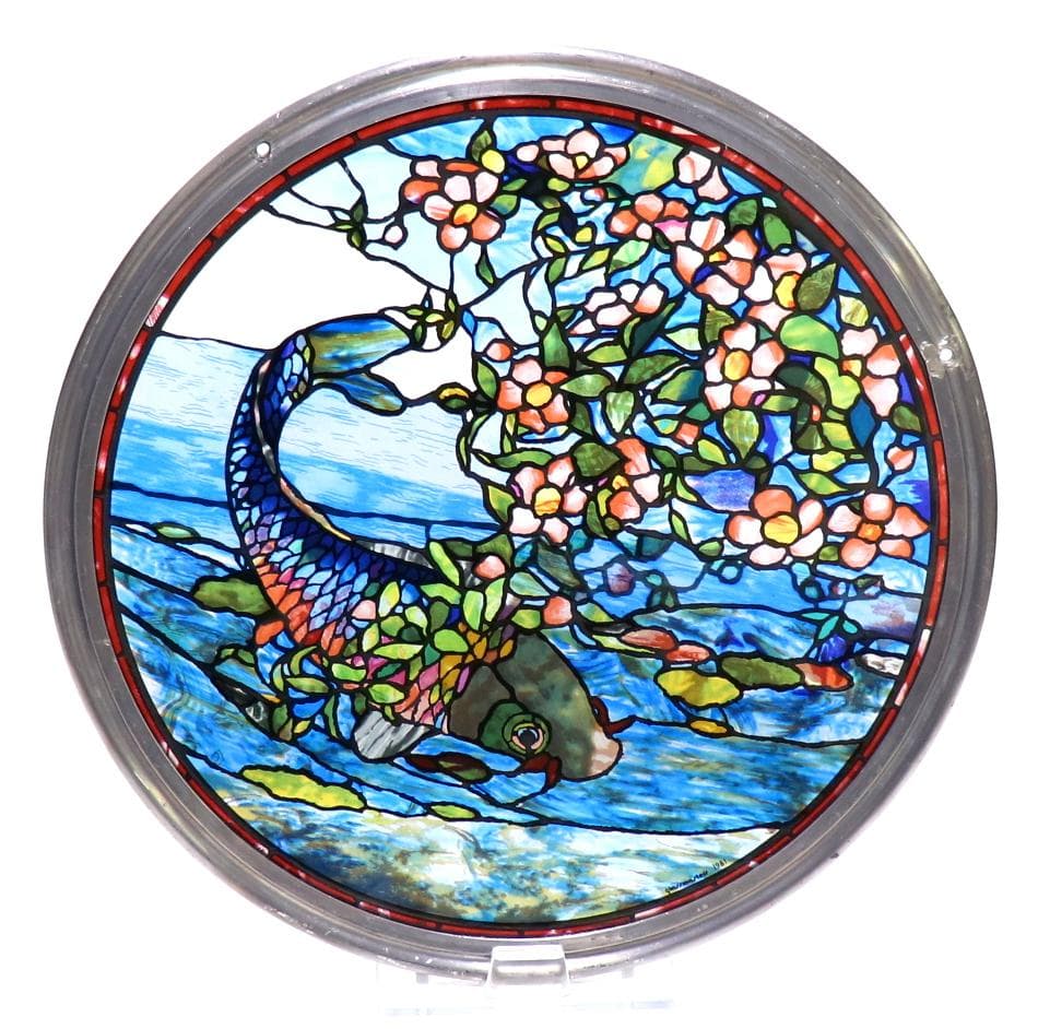 ジョン・ラファージ 丸型大型 ヴィンテージステンドグラス 花と鯉 ボストン美術館