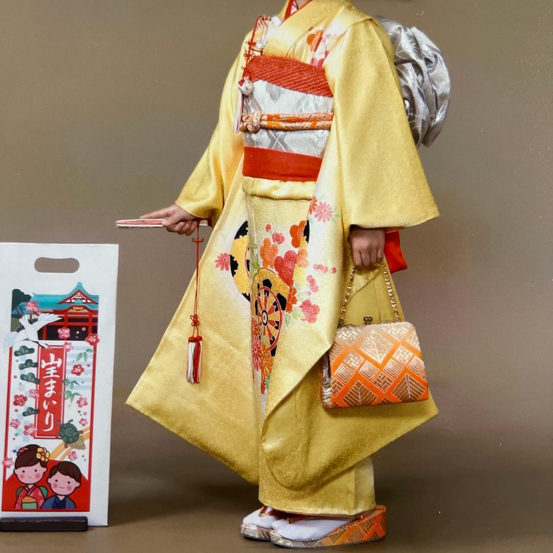 七五三　７歳女の子　正絹振袖着物フルセット未使用小物や足袋付き