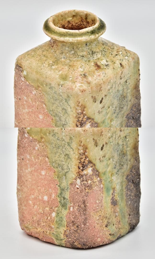 谷清右衛門 (一苔) 造 信楽角蹲壺 共箱 黄布 花器 花瓶 花入