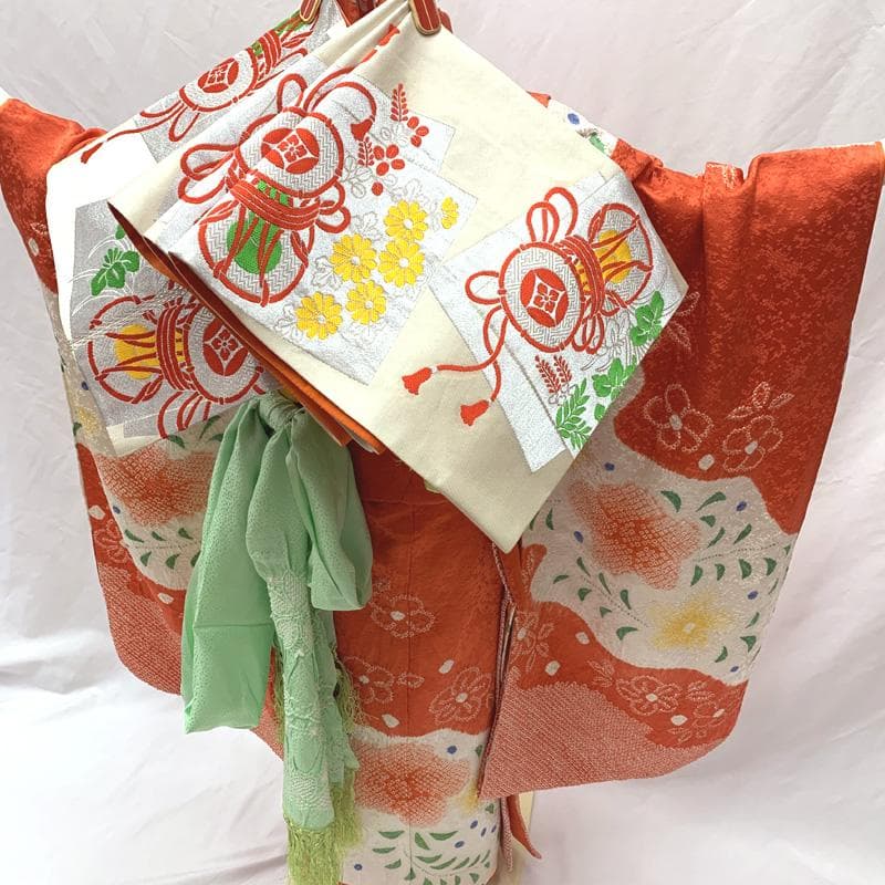 507ag49帯揚げ帯締めしごき□七五三 七歳 女児 着物&袋帯 絞染め