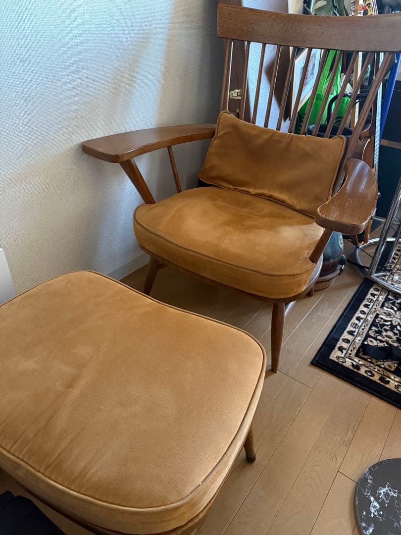 柏木工 オットマン付き ラウンジチェア 国産木製 ミッドセンチュリー 引取限定