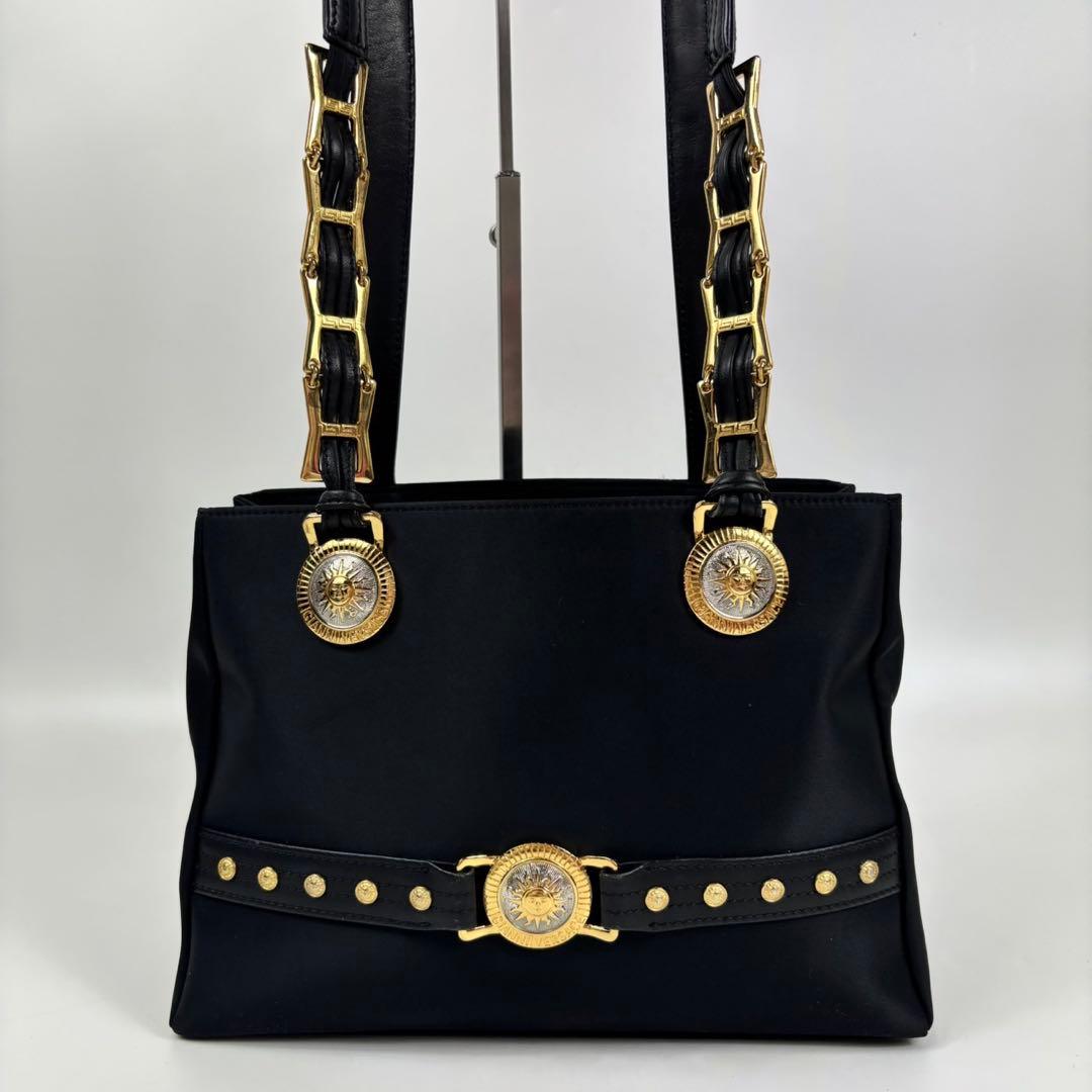 VERSACE サンバースト ナイロン レザー トートバッグ 肩掛け 黒色