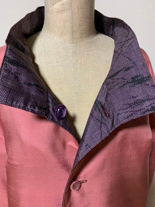 着物リメイク ハンドメイド リバーシブルコート 紫大島紬と紅花染め紬 R315