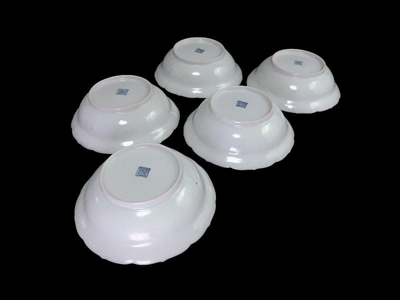 古伊万里　染付　墨弾　桜花に波　楼閣山水図　膾皿　５客　A634AS-CVz