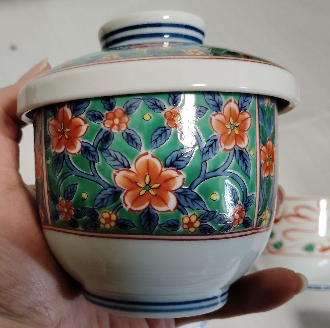 未使用　有田焼　南山窯　絵変わり　蓋付き碗揃　蒸し碗　　5客　茶碗蒸し　色絵