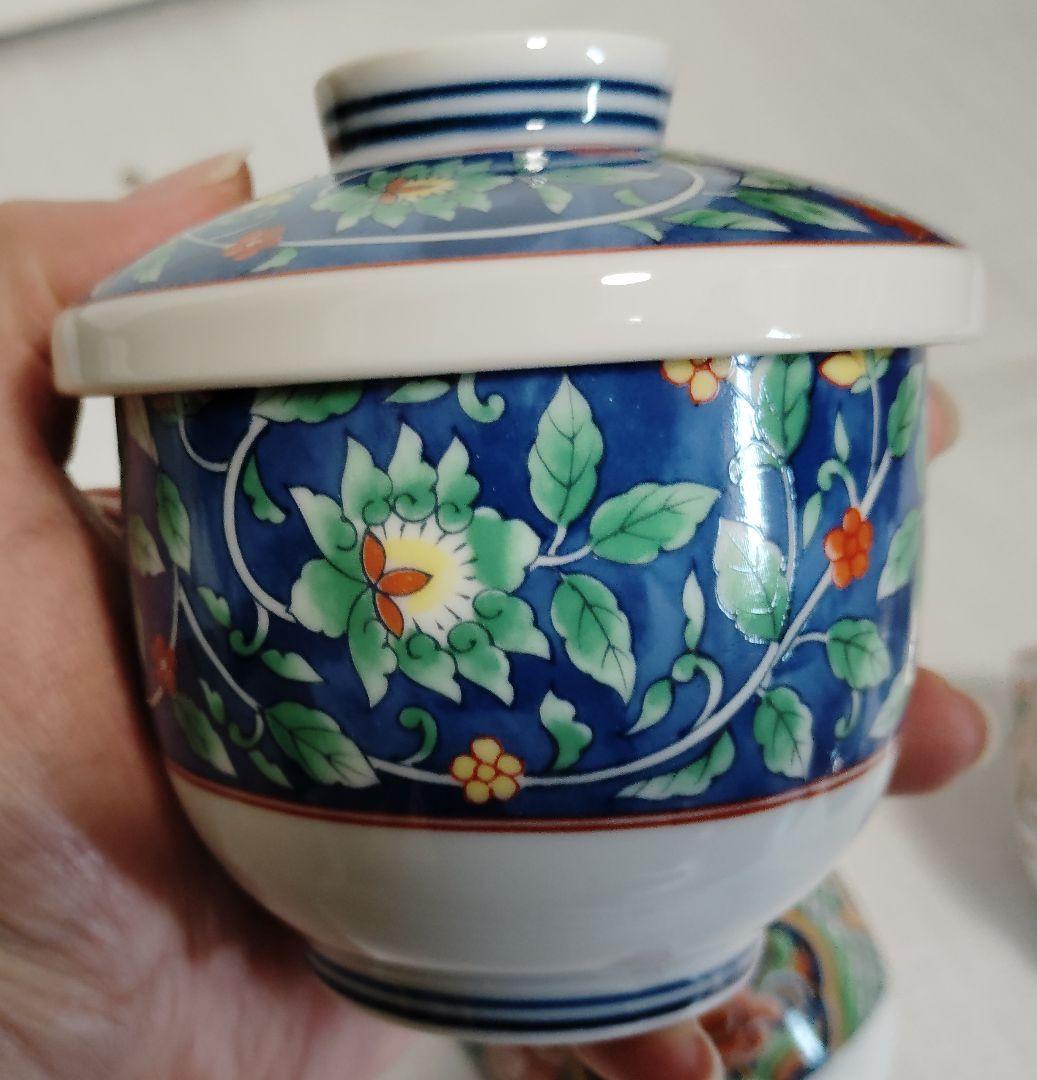 未使用　有田焼　南山窯　絵変わり　蓋付き碗揃　蒸し碗　　5客　茶碗蒸し　色絵