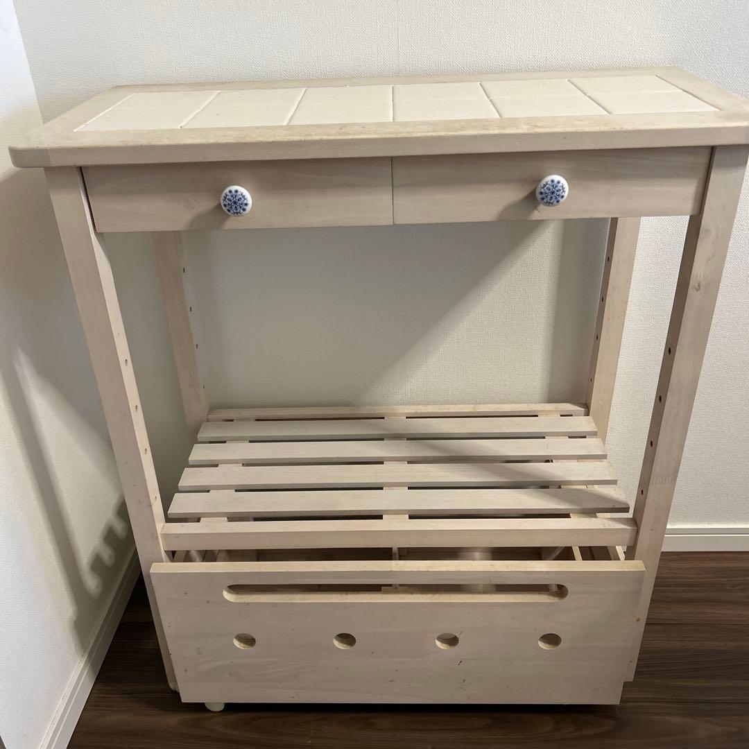 ホワイト木製ラック タイル天板 2引き出し