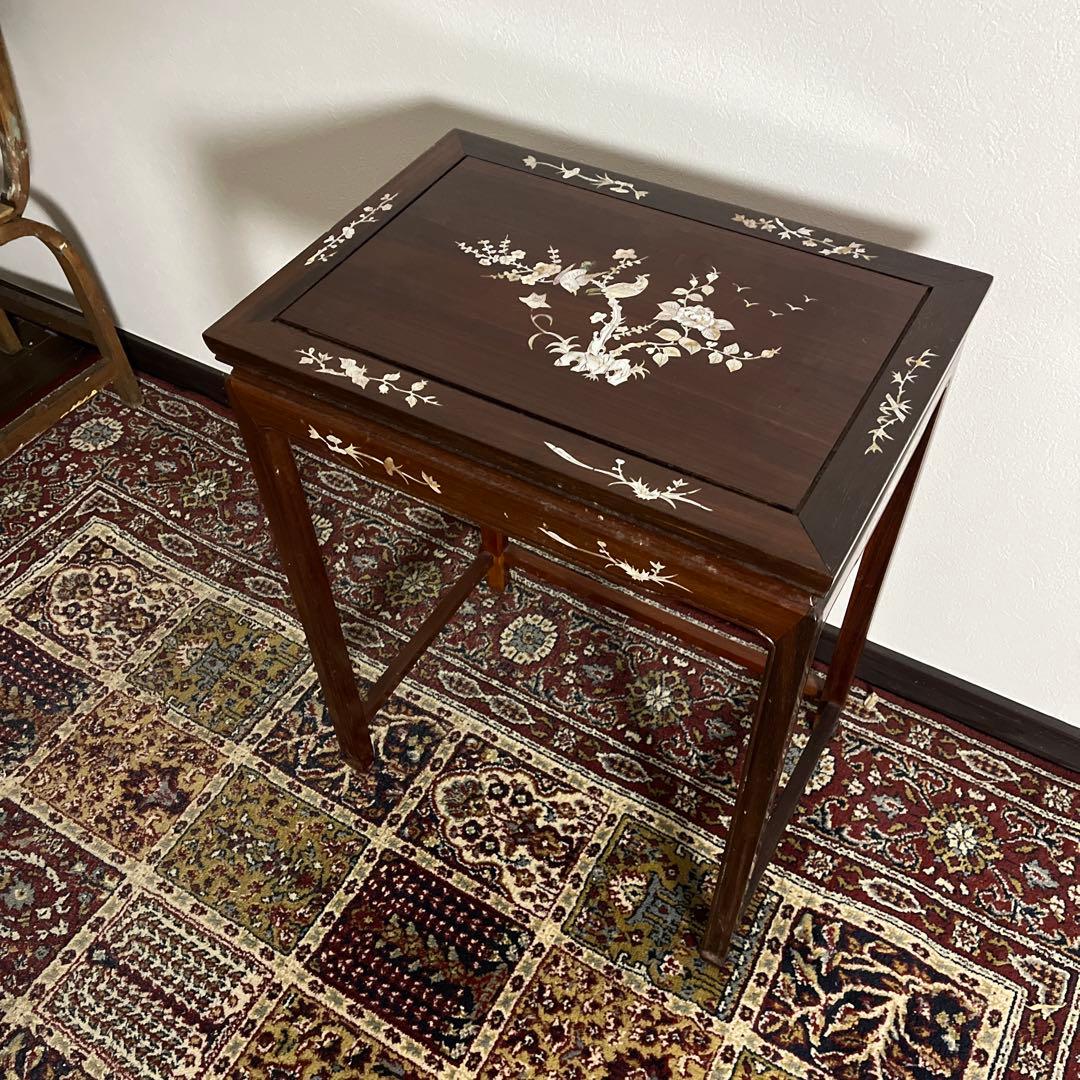 古家具ビンテージ品◼︎螺鈿細工 木製サイドテーブル 飾り台 ディスプレイ台 象嵌