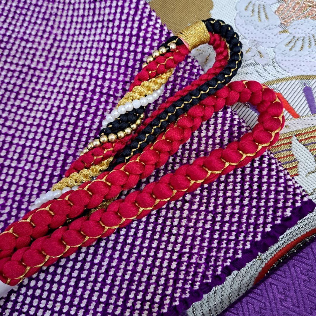 今大変お得なフルセット 正絹赤地振袖 ワイン裾グリーン御所車柄 成人式最適