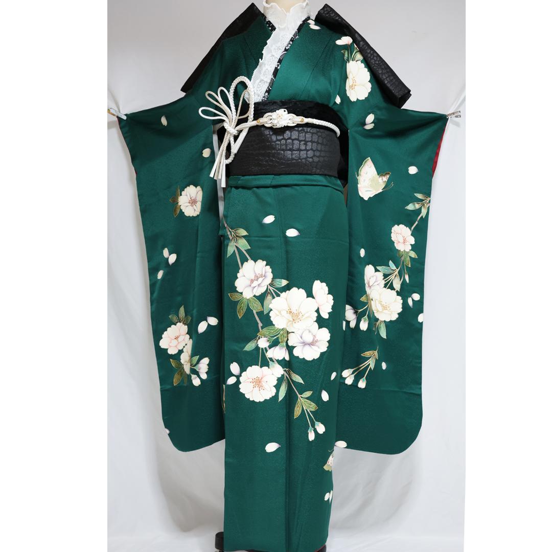 人気深緑ヴィンテージ振袖■158.5cm■単品単体成人式前撮り■正絹 BG25