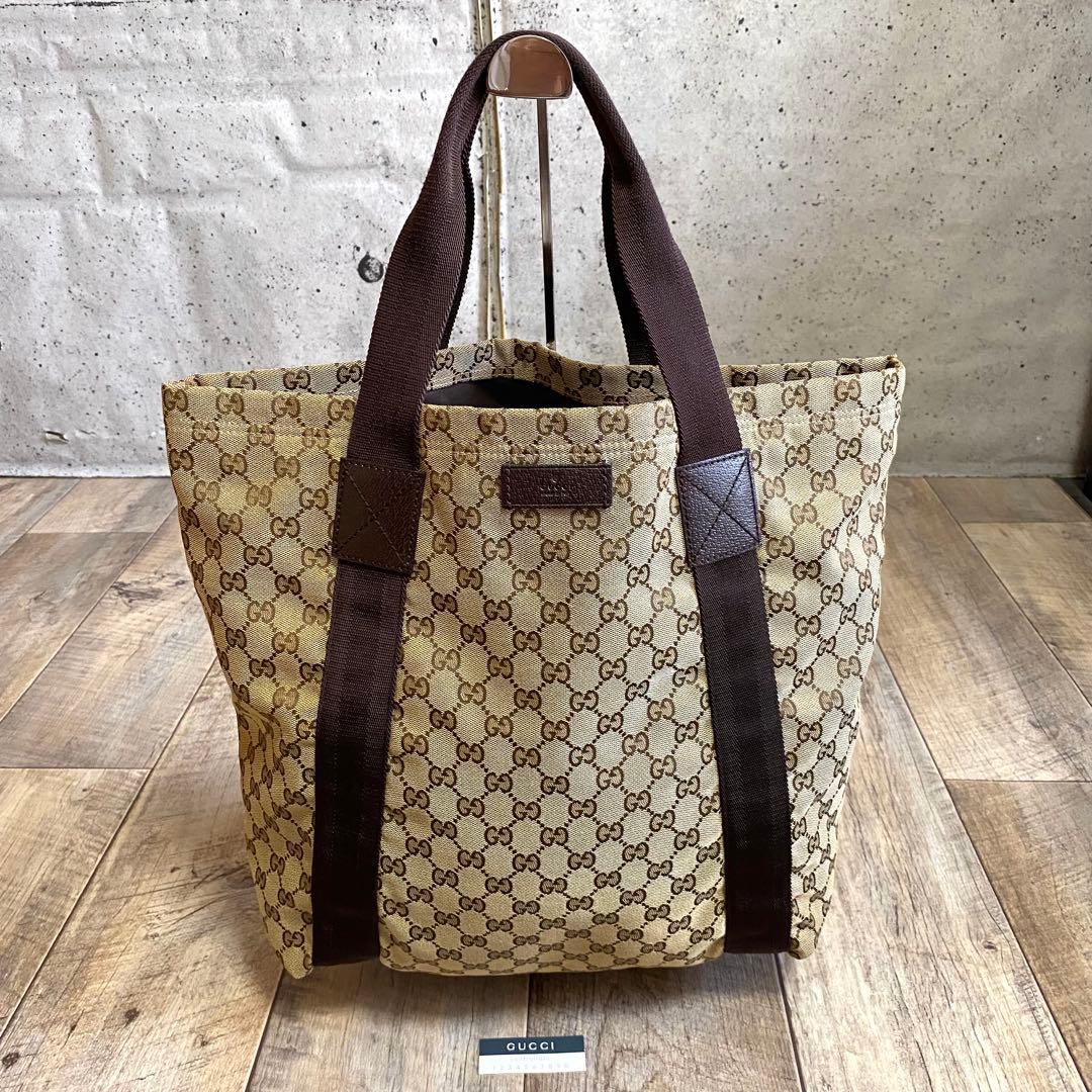 本物☆グッチ GG柄 キャンバス トートバッグ ハンドバッグ ブラウン A4可能
