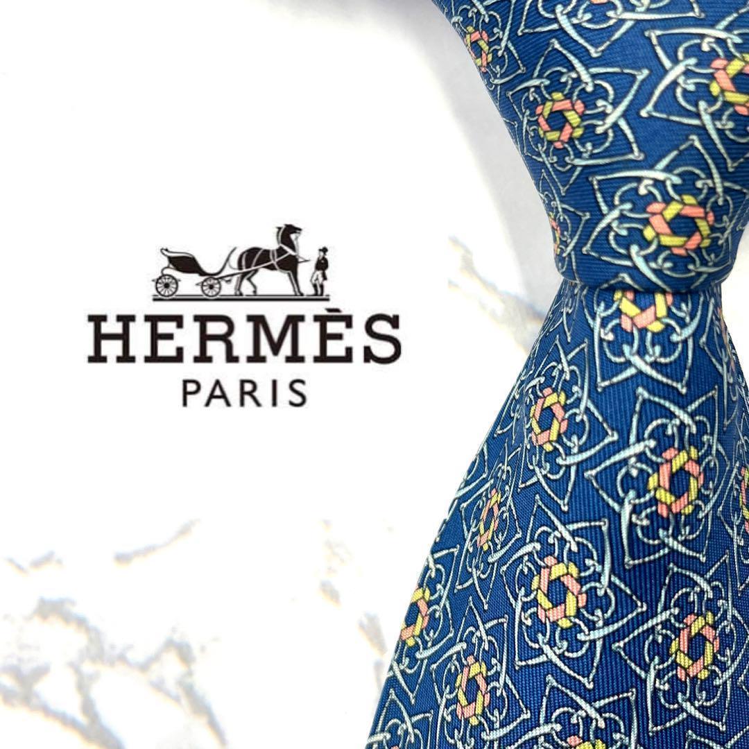 ◆良品◆HERMES エルメス ネクタイ 青色 星柄 リング 高級感