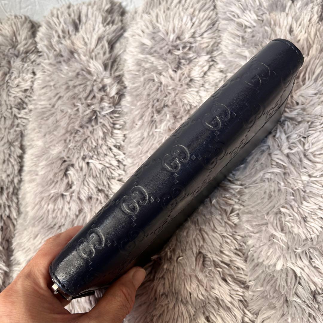 美品✨GUCCI シマ　ブラック　切り替えレザー　メンズ　ラウンドジップ　長財布