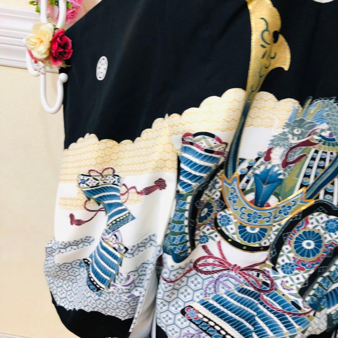 七五三５歳完全フルセット‼️豪華黒地系兜金彩煌びやか⭐︎袴縞スタイルアップ人気銘品