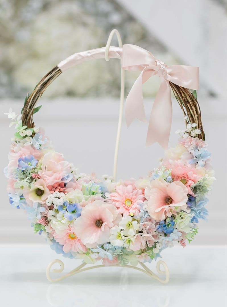 ウェディング リースブーケ ピンクリボン ブートニア付