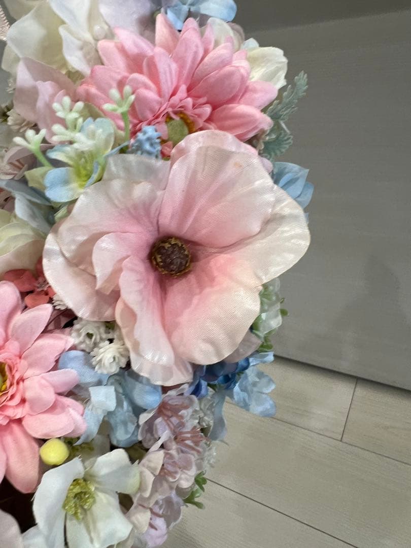 ウェディング リースブーケ ピンクリボン ブートニア付