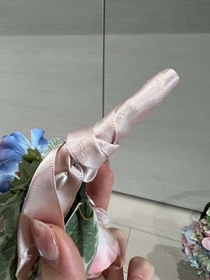 ウェディング リースブーケ ピンクリボン ブートニア付