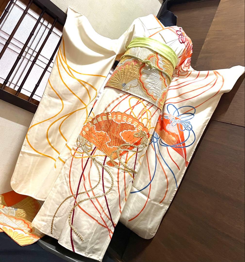 振袖フルセット6点サイズM〜Ｌ駒刺繍　束ね熨斗檜扇花文　金彩　正絹