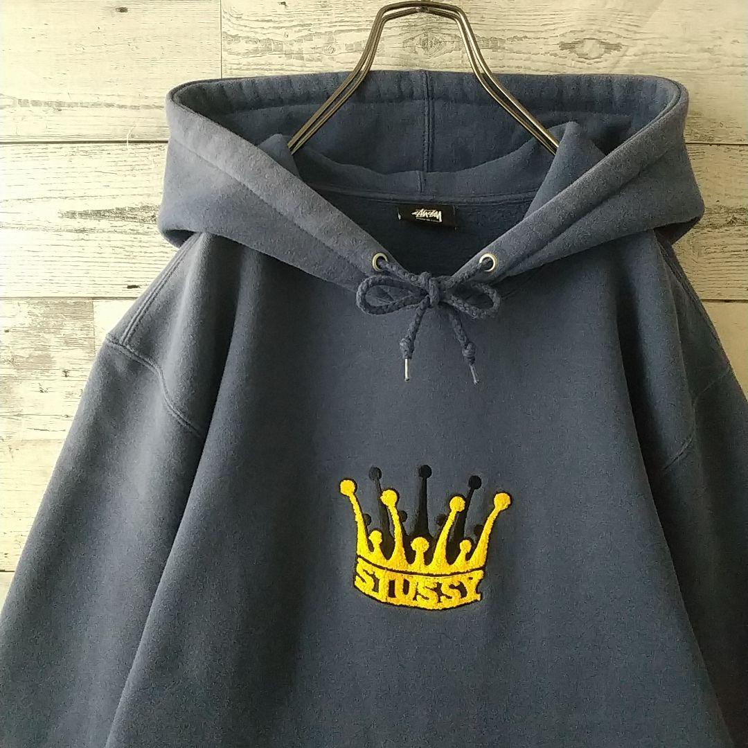 希少カラー☆ステューシー 刺繍 クラウン パイルロゴ パーカー L 紺