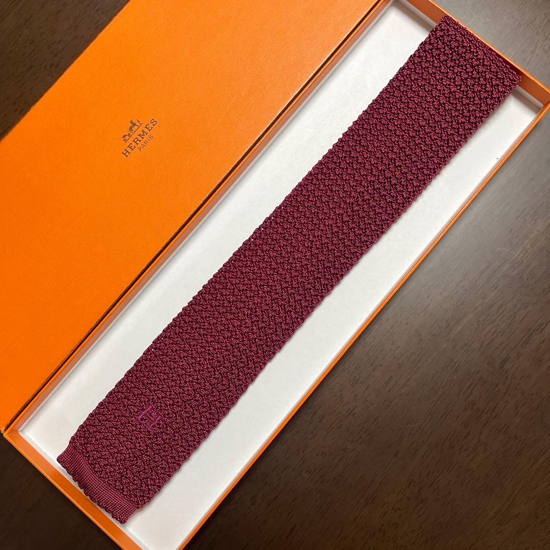 美品　エルメス　ネクタイ　赤紫　H柄 無地　ニットタイ　シルク