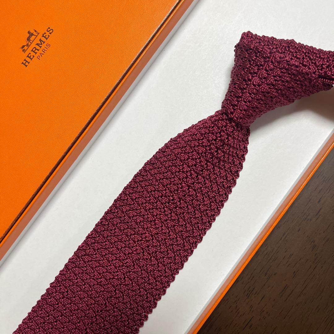 美品　エルメス　ネクタイ　赤紫　H柄 無地　ニットタイ　シルク