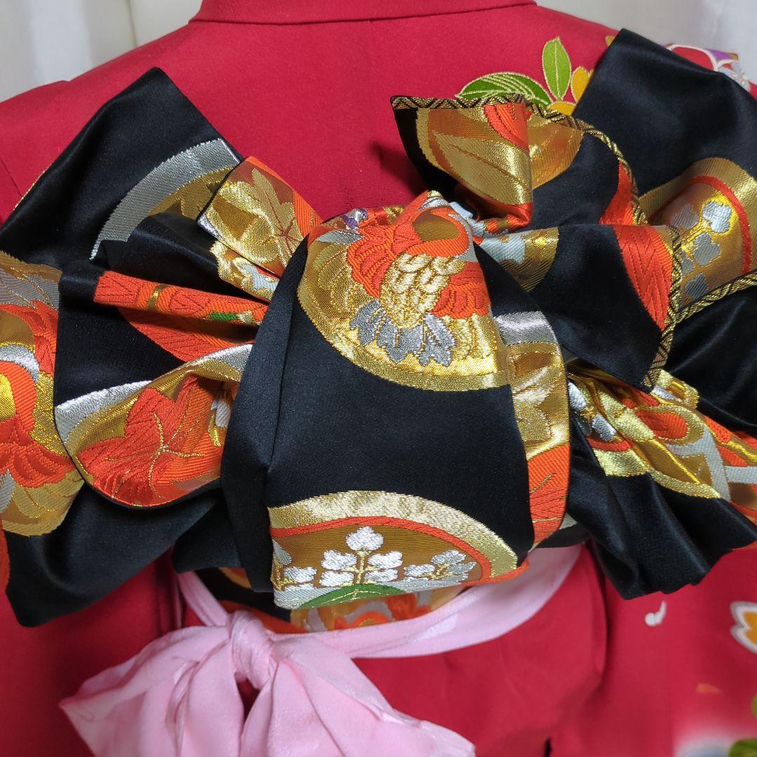 七五三　７歳女の子用 赤色花柄 正絹着物 　簪セット付き