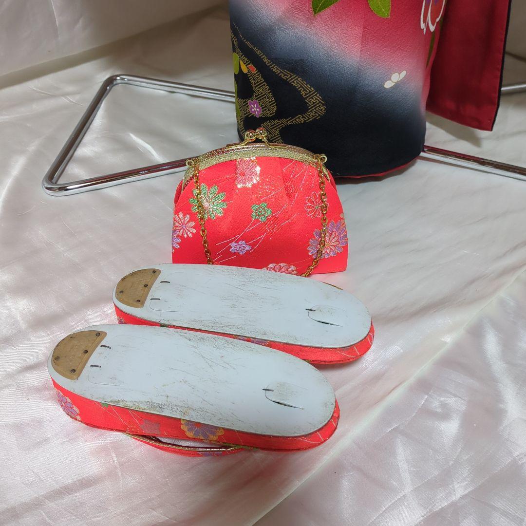 七五三　７歳女の子用 赤色花柄 正絹着物 　簪セット付き