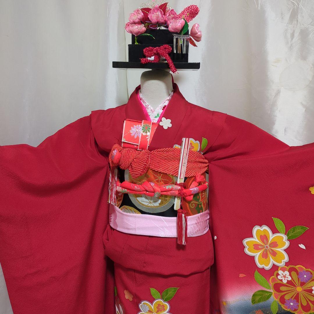 七五三　７歳女の子用 赤色花柄 正絹着物 　簪セット付き