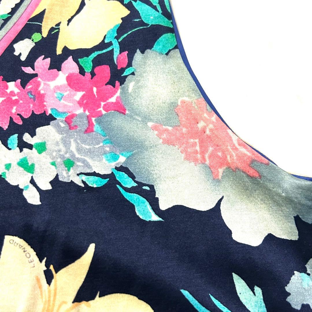 レオナール　ノースリーブ　ワンピース　花柄　ベルト付き　コットン100%　紺系