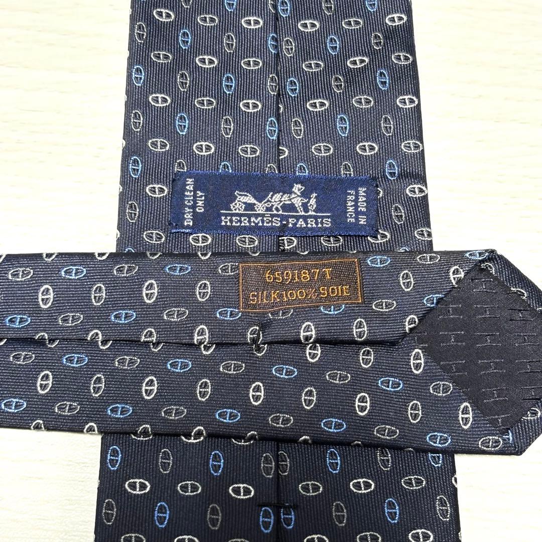 HERMES エルメス 美品 箱付 マイヨン シェーヌダンクル ネクタイ グレー