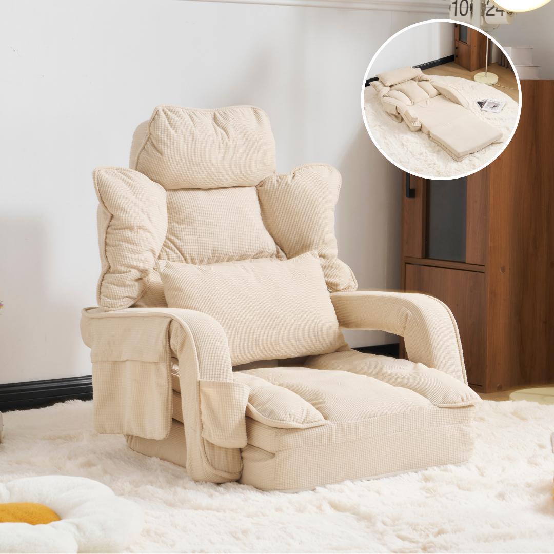 【アイボリー】座椅子 ソファー ソファーベッド 幅165㎝ 枕/収納ポケット付