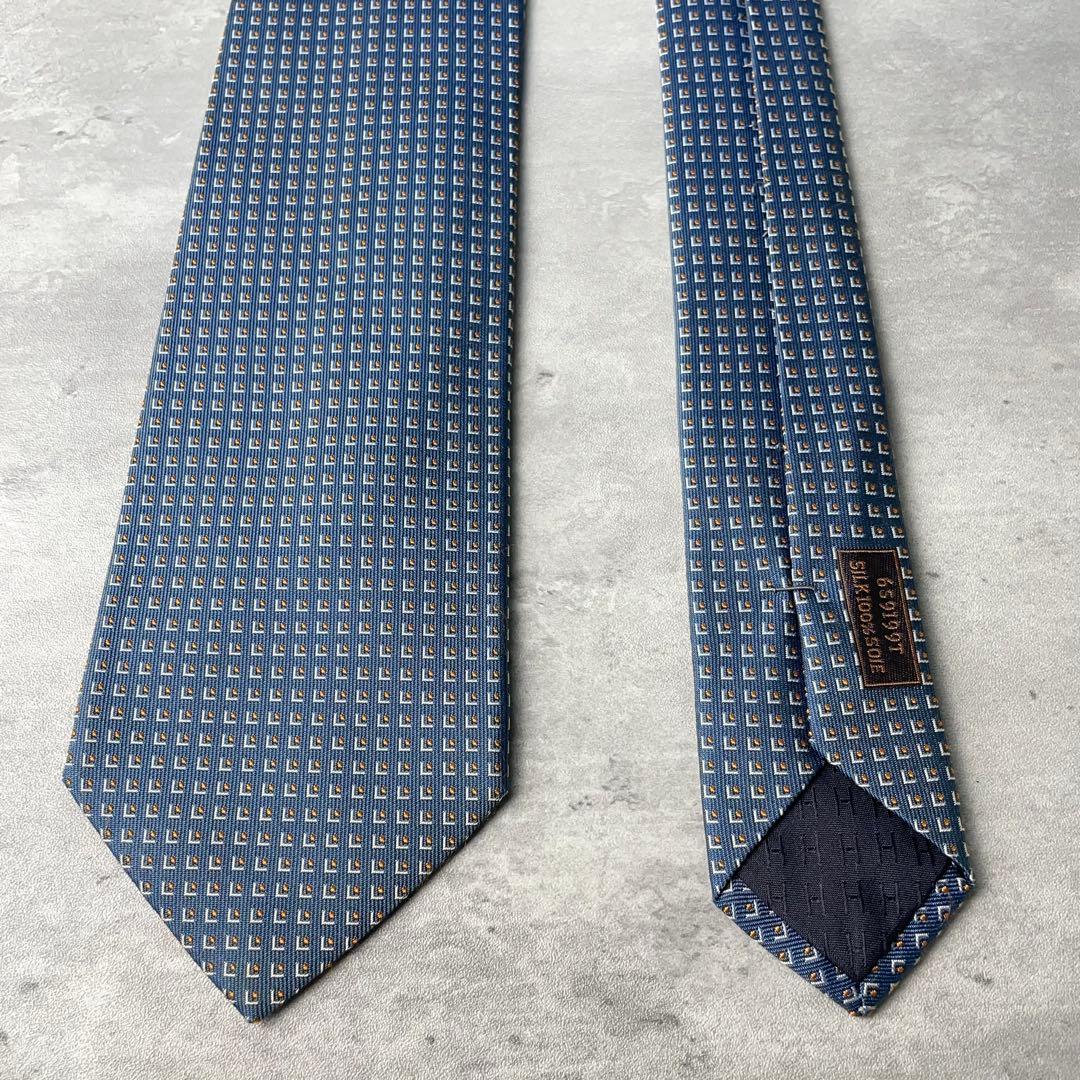 美品 HERMES ジャガード 玉虫 スクエアドット柄 ネクタイ ブルーグレー