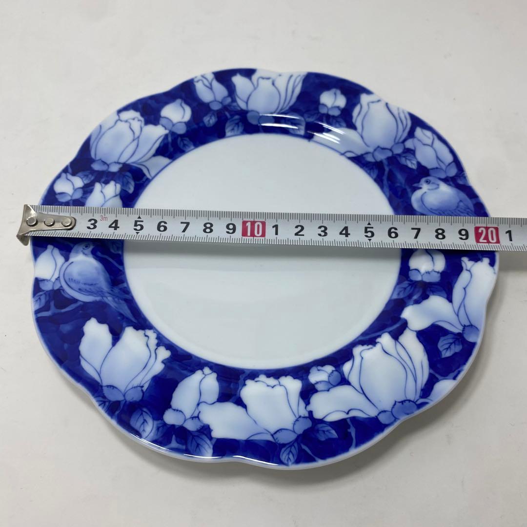 【未使用品】深川製 染付 花鳥外濃 ケーキ皿 直径 約20cm 宮内庁御用達