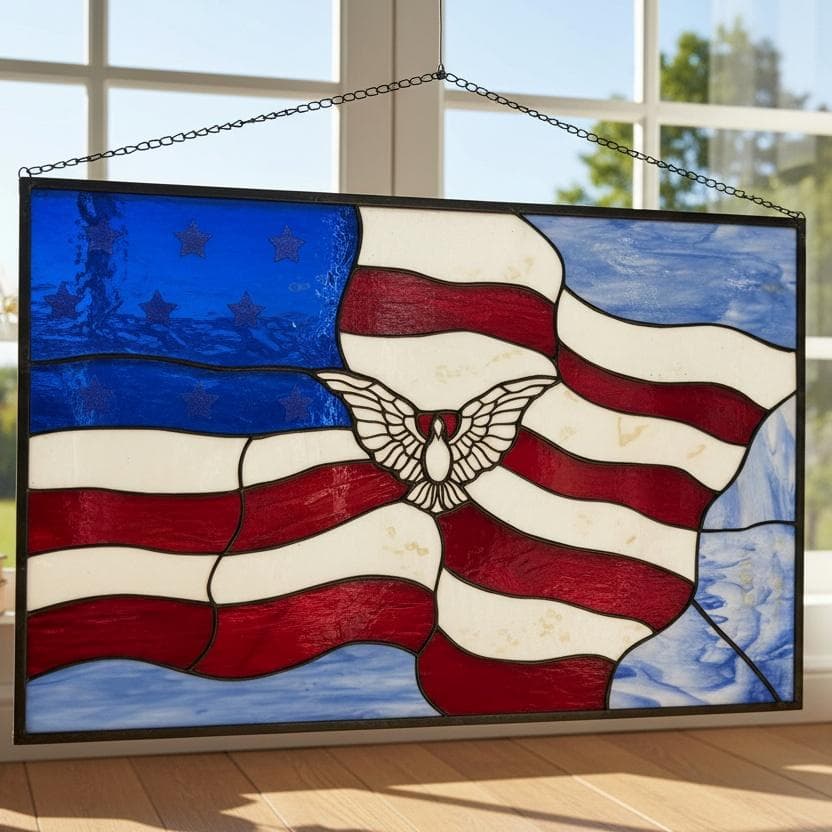 特大【61.5×39cm】ステンドグラスパネル アメリカンフラッグ 鳩 壁掛け