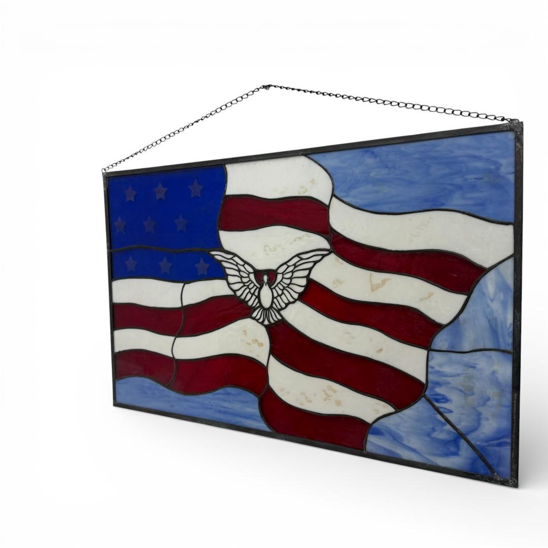 特大【61.5×39cm】ステンドグラスパネル アメリカンフラッグ 鳩 壁掛け