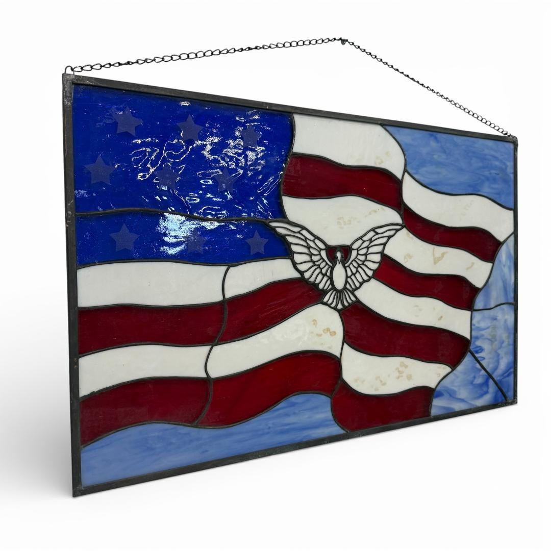 特大【61.5×39cm】ステンドグラスパネル アメリカンフラッグ 鳩 壁掛け