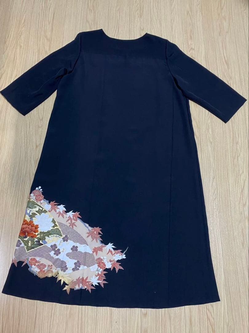 《LL 110cm》 黒留袖リメイク ヨーク切り替え 七分袖 ワンピース
