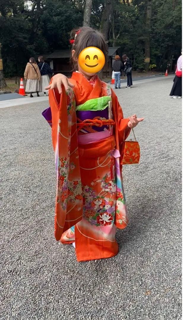 7歳七五三着物 オレンジ色 花柄刺繍付き　全セット