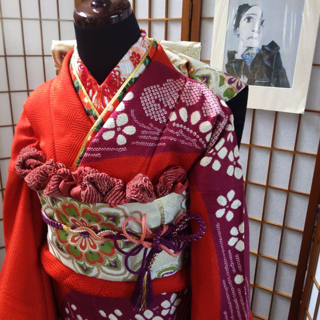 422桂由美　レトロポップ　絞り　赤　螺鈿落款　正絹振袖6点フルセット成人卒業式