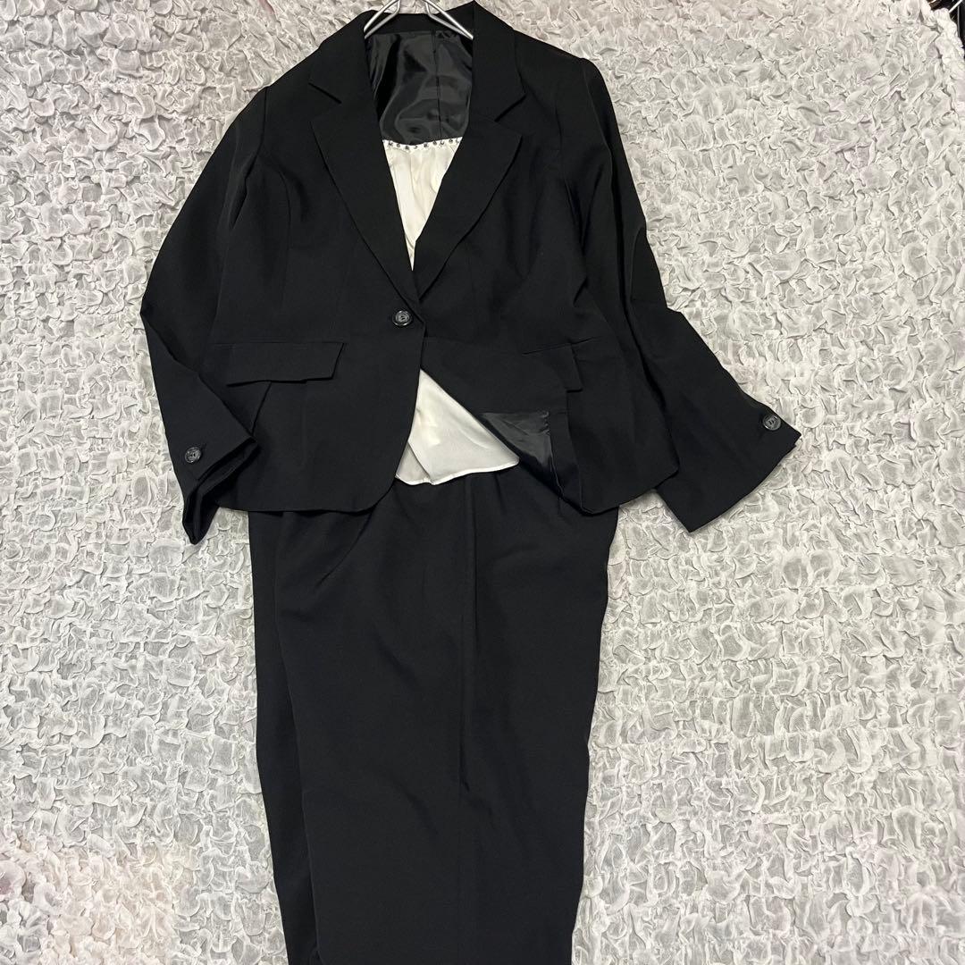 極美品【サンファン】希少 23号 7L 黒 ストレッチ ビジネス パンツ スーツ