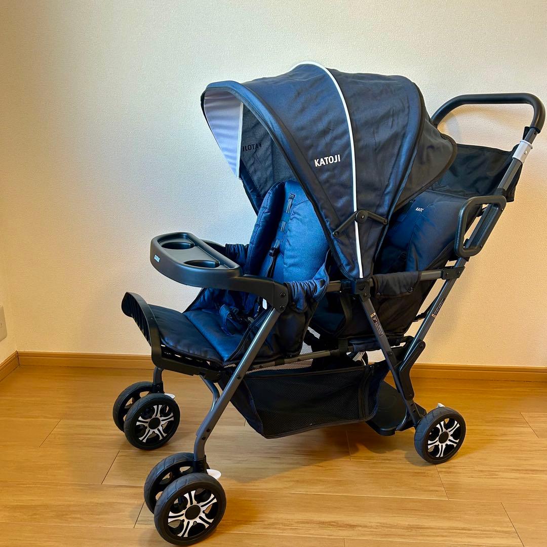 【美品】カトージ　2人でゴー 縦型 スリム 2人乗りベビーカー　ネイビー