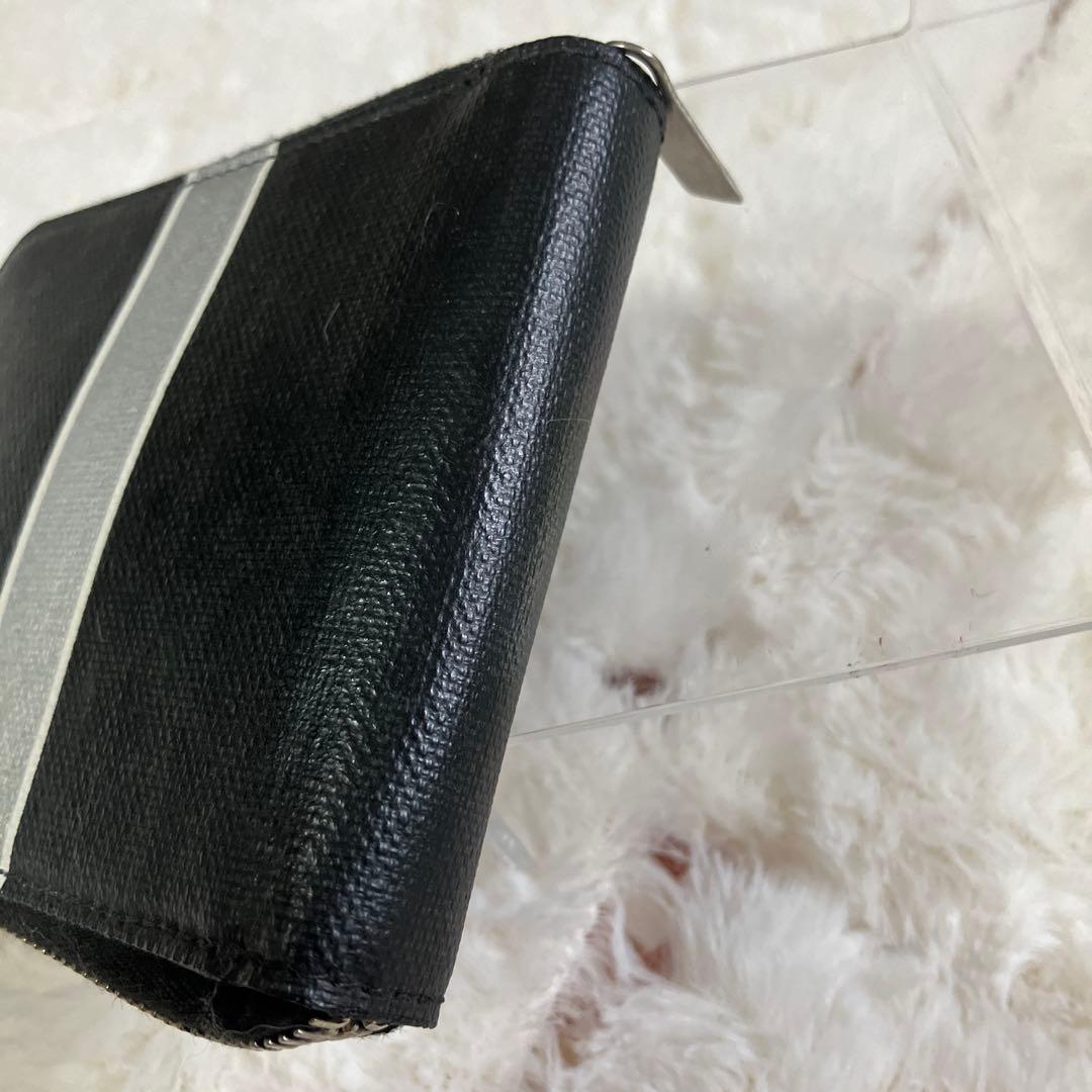 【極美品】Dior ラウンドファスナー財布 ブラック×シルバー ストライプ