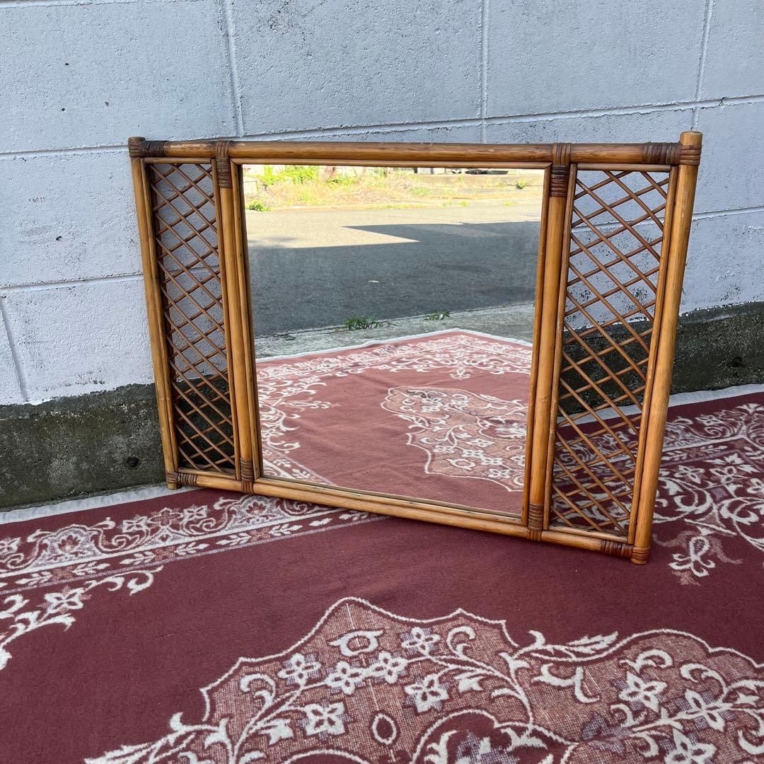 古雑貨ビンテージ品◾️籐ラタンパネル 壁掛けミラー ウォールミラー 鏡