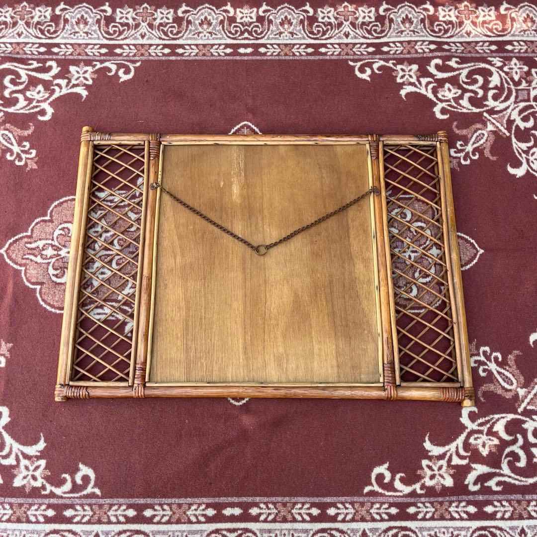 古雑貨ビンテージ品◾️籐ラタンパネル 壁掛けミラー ウォールミラー 鏡