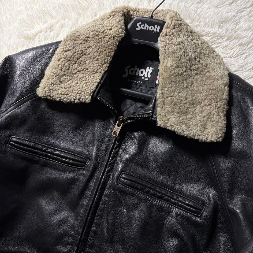 米国製■schott カーコート　レザージャケット　本革　襟ボア　ブラック　44