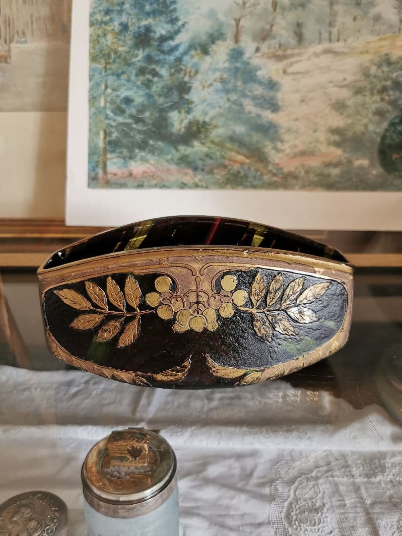 アンティーク ドームナンシー 透明緑ボルドー赤ガラス 葡萄紋金彩装飾器スタンド