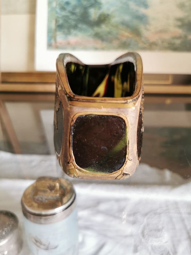 アンティーク ドームナンシー 透明緑ボルドー赤ガラス 葡萄紋金彩装飾器スタンド