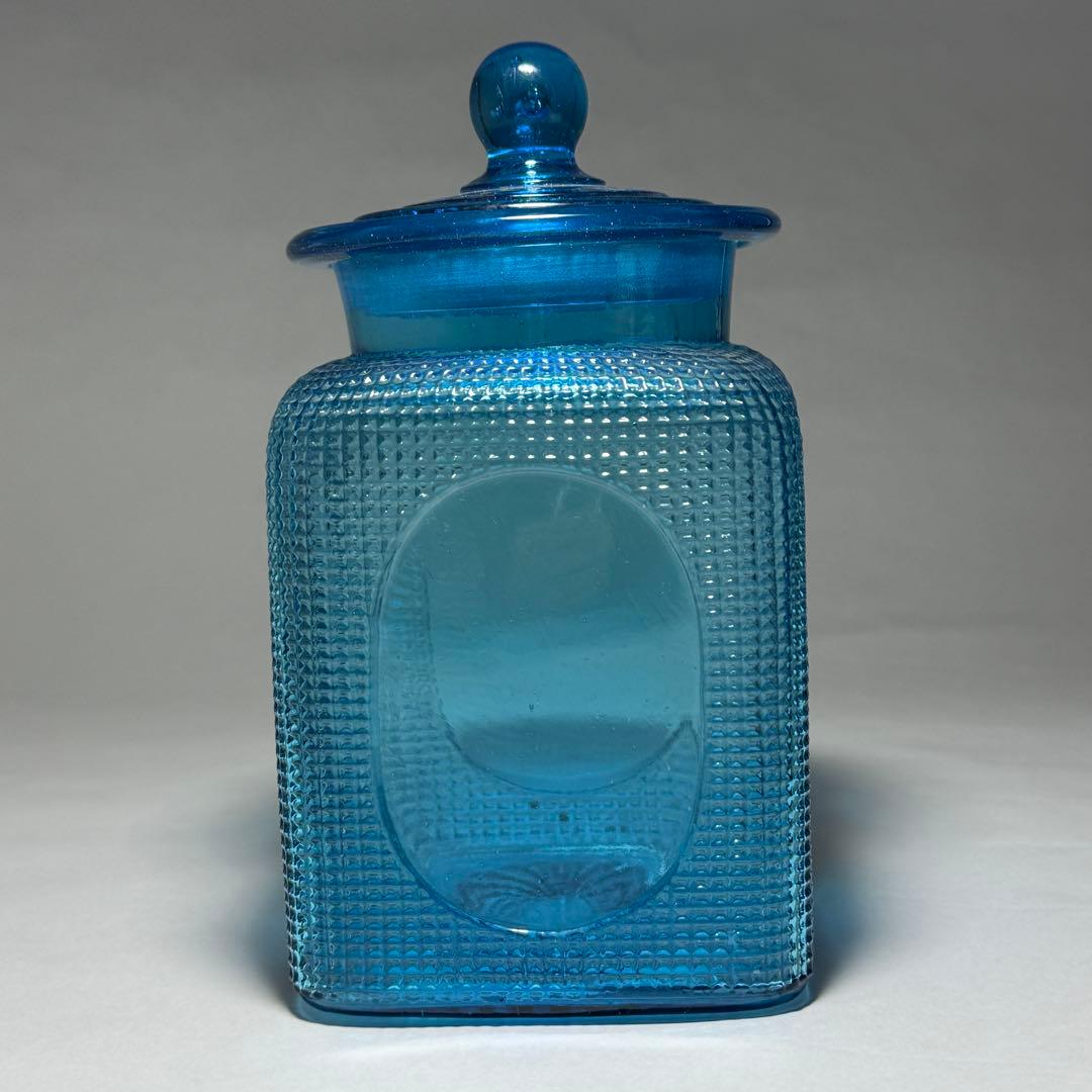 ◆ナリトラ◆レトロガラス 飴屋瓶 シュガーポット 希少ブルー プレスガラス