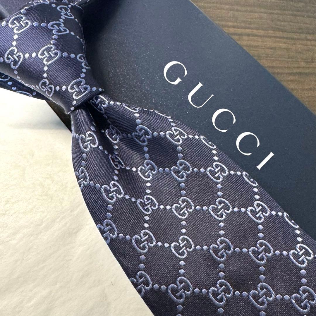 最高級 GUCCI グッチ GG柄 インターロッキング ネクタイ ネイビー 濃紺